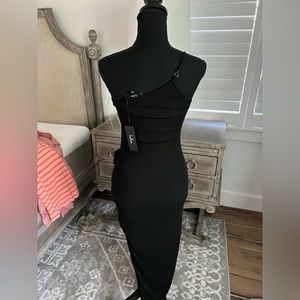 Lulus one shoulder black midi dress with slit on the side